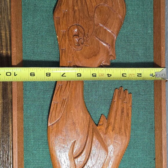 MCM Framed Carved Teak Wood Silhouette Woman Praying Green Wall Hanging Art READ - Picture 14 of 14